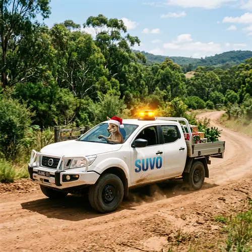 Kangaroo in Santa Hat Driving Ute | Festive Scene