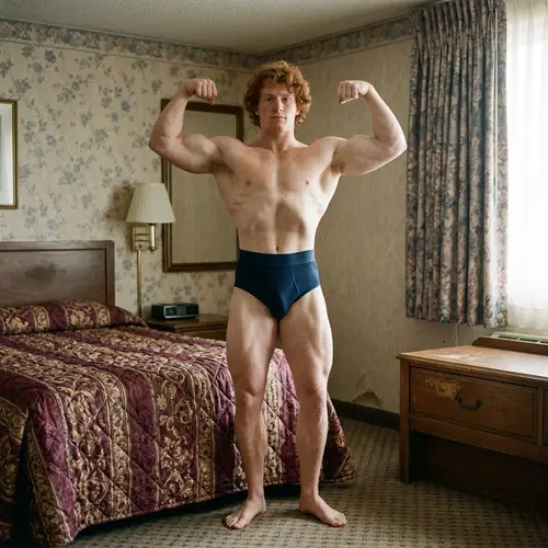 Redhead Male Bodybuilder Posing in Hotel Bedroom
