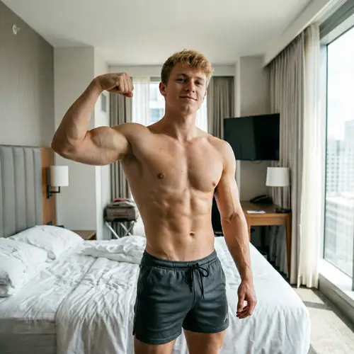 Muscular Young Man Flexing in Hotel Room