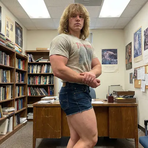 20-Year-Old Bodybuilder in Denim Shorts