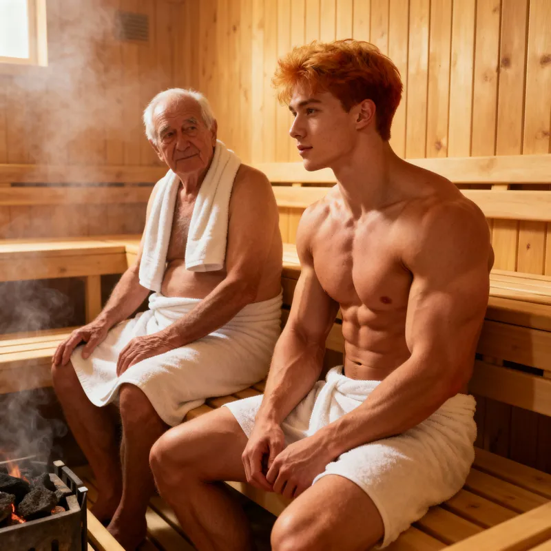 Bodybuilder and Mentor in Sauna