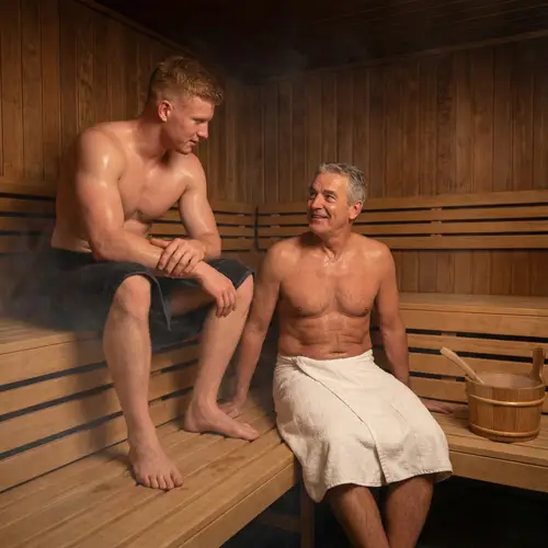 Bodybuilder and Mentor in Sauna