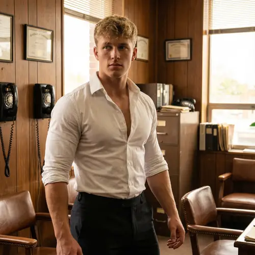 20-Year-Old Male Bodybuilder in Retro Office Portrait
