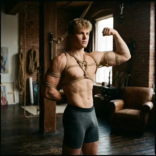 Blonde Male Bodybuilder in Shibari Pose