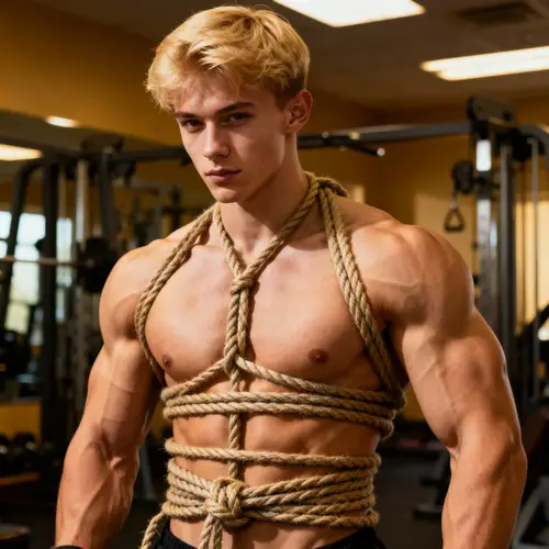 Blonde Male Bodybuilder in Shibari Pose