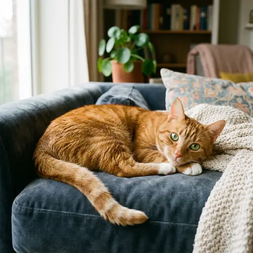 Ginger Domestic Short-Haired Cat Relaxing on Plush Sofa