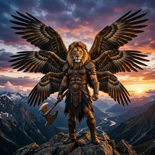 Lion-Headed Man with Six Wings Art