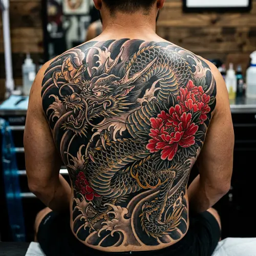Japanese Dragon Tattoo with Red Peonies