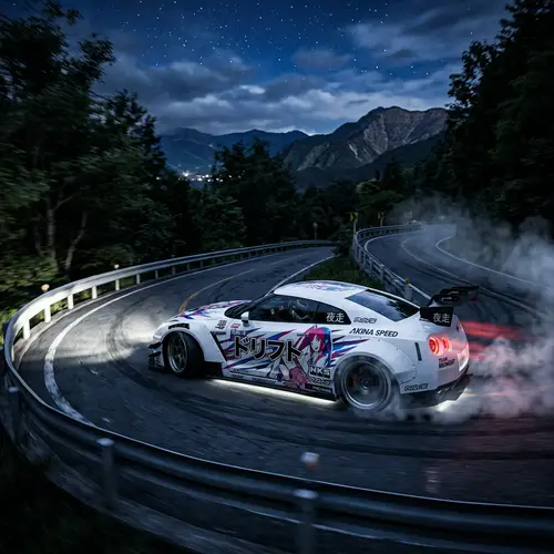 Dynamic White Sports Car Drifting on Japanese Mountain Road