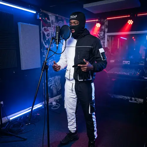 Masked UK Drill Rapper with 'TKH⁸' Mask Performing in Unique Attire