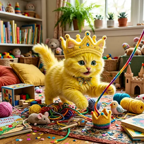 Whimsical Cat with Crown Head | Yellow Soft Candy Fur