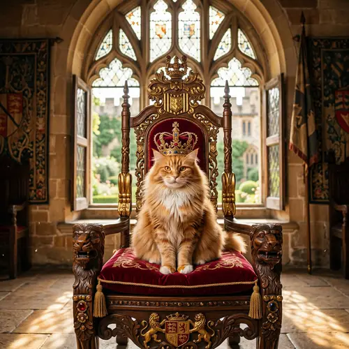 Regal Fluffed Up Domestic Cat on Throne with Crown