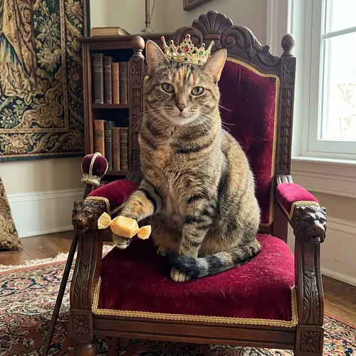 Regal Cat with Crown and Candy on Throne