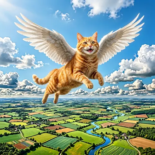 Ginger Cat With Wings Soars in Blue Sky