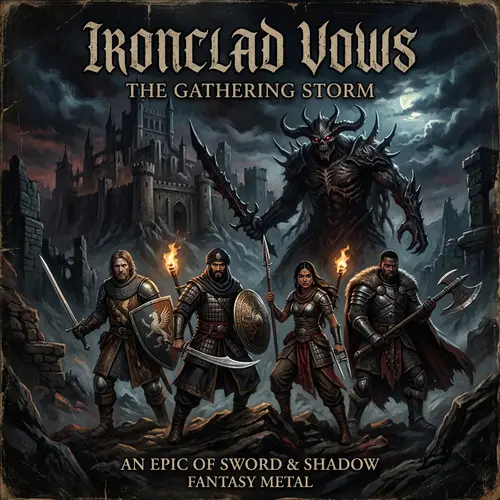 Dark Souls Style Album Cover with Medieval Heroes and Villain