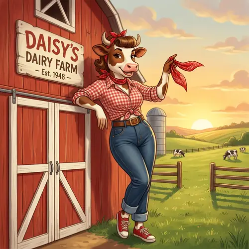 Vintage Pin-Up Cow by Red Barn - 1950s Farm Scene