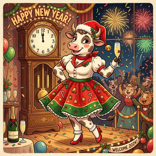 Whimsical Cow in Vintage Pin-Up Outfit | New Year Festive Scene