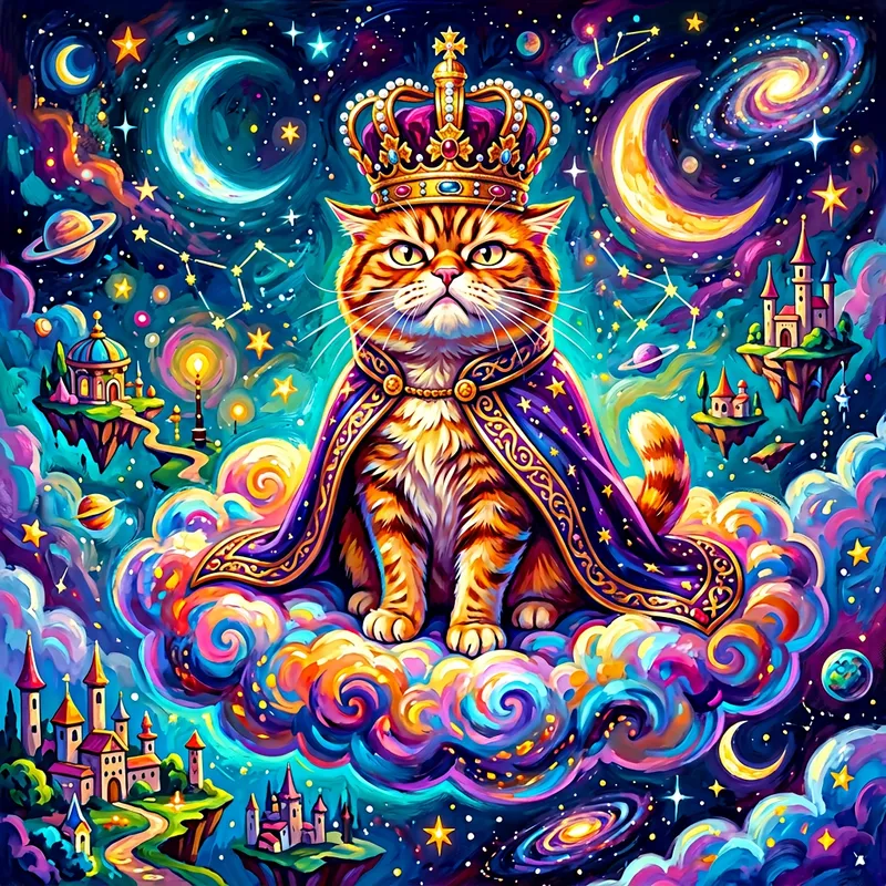 Vibrant Pop Art: Crowned Cat on Floating Cloud | Whimsical Fantasy Vibrant Pop Art: Crowned Cat on Floating Cloud | Whimsical Fantasy
