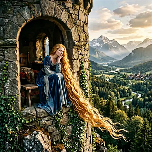 Golden-Haired Woman in Tower | Fairy Tale Scene