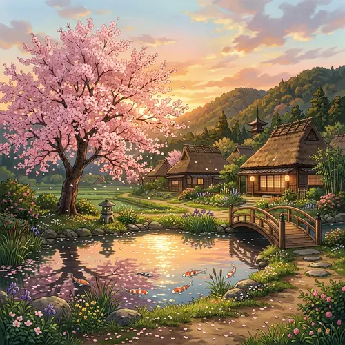 Serene Anime Landscape with Cherry Blossoms