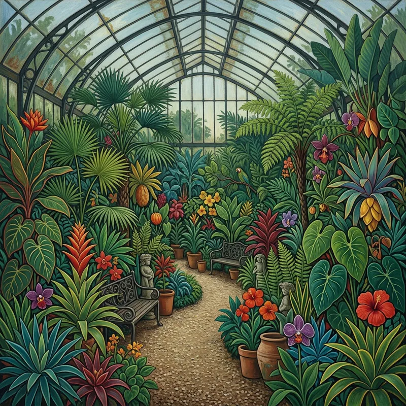 Botanical Paradise: Lush Greenhouse with Exotic Plants and Flowers