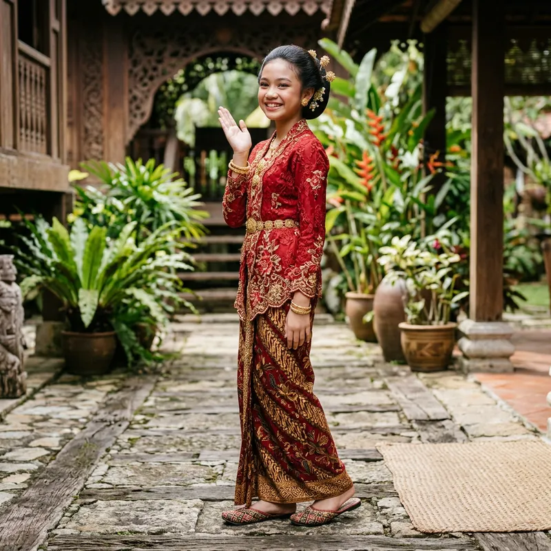 Traditional Malay Girl in Elegant Red Kebaya