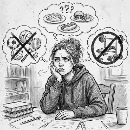Frustrated Young Woman Pencil Sketch | Sports Restriction Food Question Marks