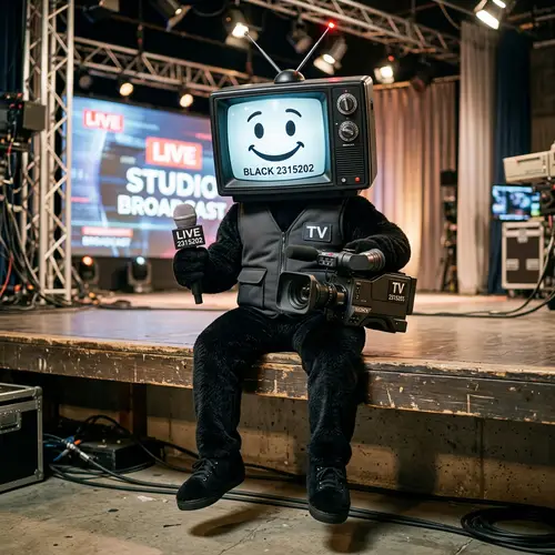 Black Television Mascot with Microphone & Camera