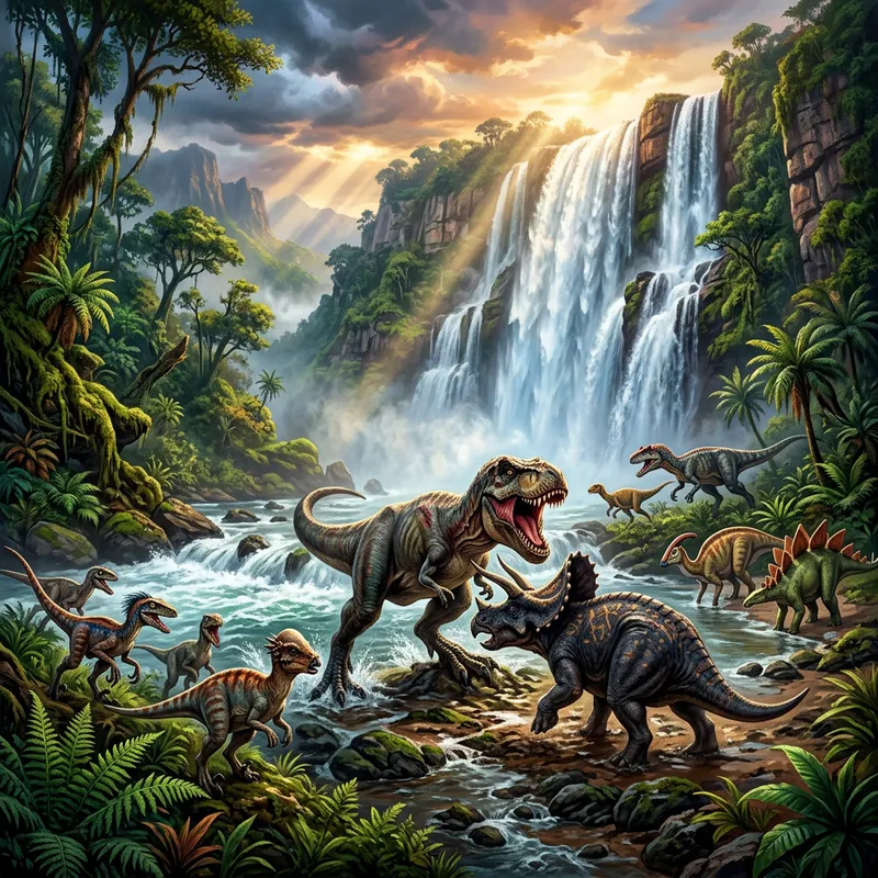 Ferocious Dinosaurs Near Majestic Waterfall in 8K