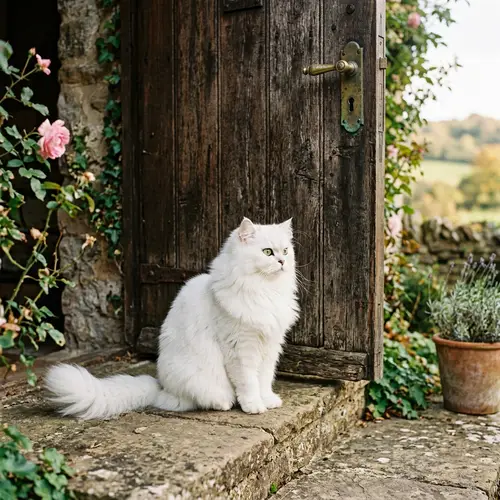 Elegant White Cat by Rustic Wooden Door
