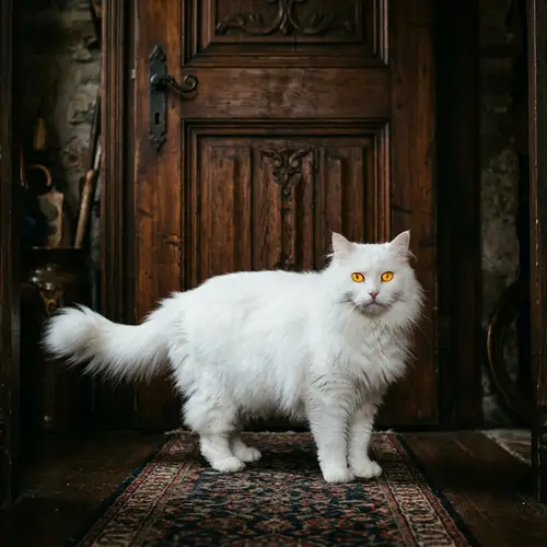 Exquisite French Angora White Cat Stands Before Antique Wooden Door