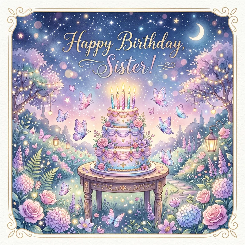Magical Garden Birthday Card for Sister - Dreamy Fairy-Tale Design Featuring Whimsical Butterflies and Flowers