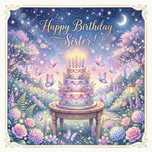 Magical Garden Birthday Card for Sister - Dreamy Fairy-Tale Design