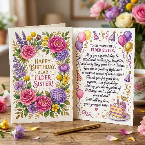 Elder Sister Birthday Card Wishes with Floral Decorations
