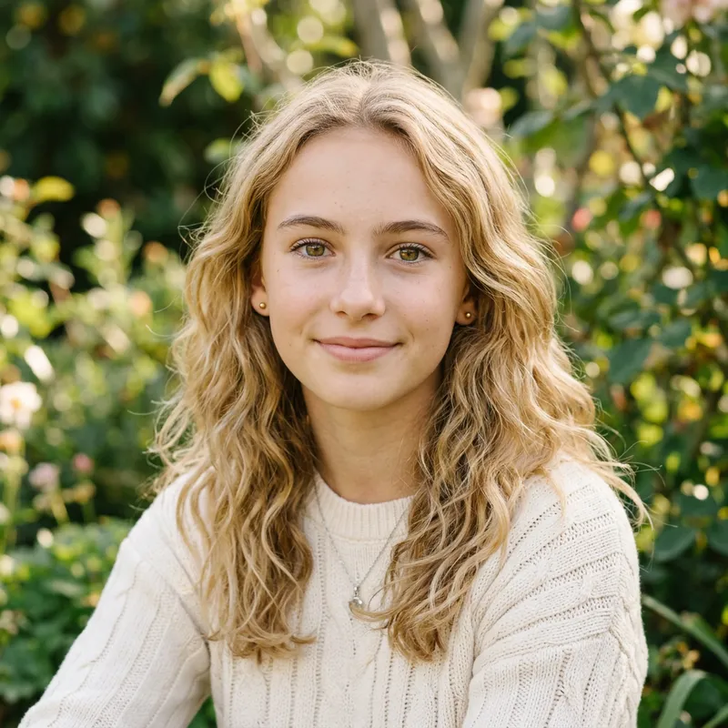 Detailed Portrait of a 14-Year-Old Caucasian Girl with Blonde Wavy Hair