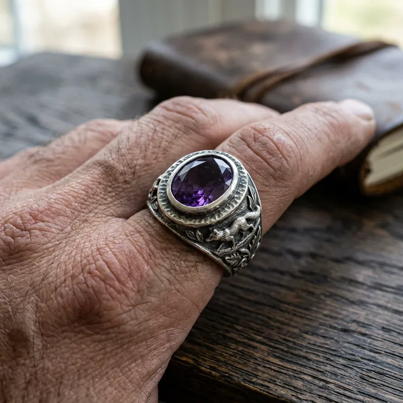 Sterling Silver Men's Ring with Amethyst Gemstone and Fox Motif