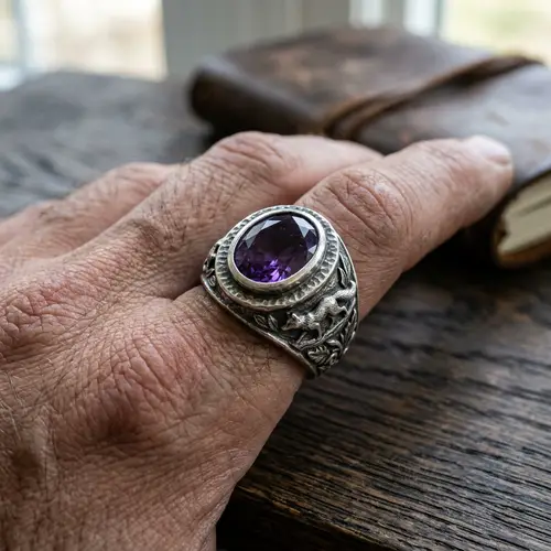Sterling Silver Men's Ring with Amethyst Gemstone and Foxes