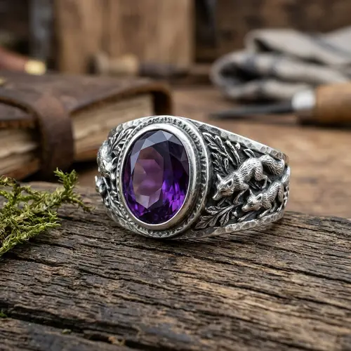 Silver Men's Ring with Amethyst Gemstone and Fox Design