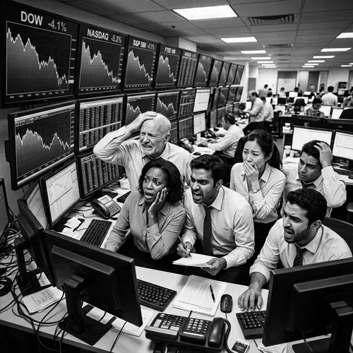 Frustrated Traders Amidst Falling Charts in B&W