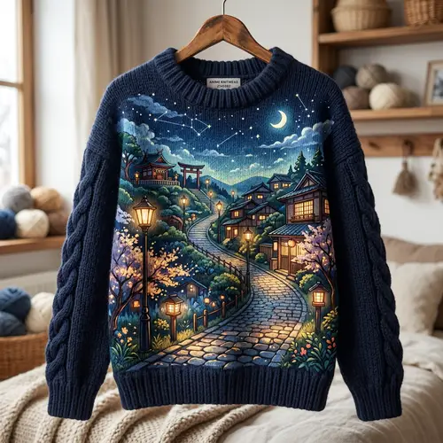 Anime-Style Wool Sweater with Scenic Path Design