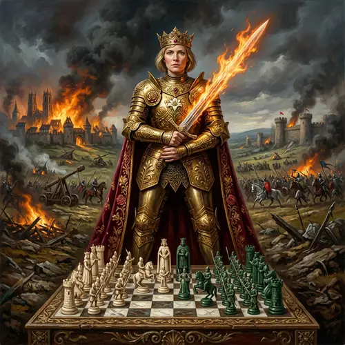 Joan of Arc as Queen of Chess: Golden Armor & Flaming Sword
