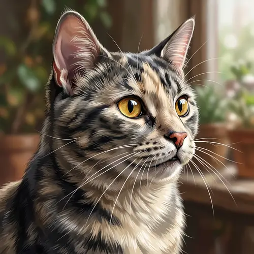 Sleek & Curious Cat Illustration | Feline in Cream, Grey, and Black