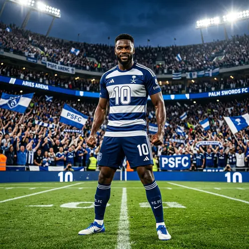 Powerful Athletic Man Representing Fictional Football Club in Royal Navy Blue and White Jersey