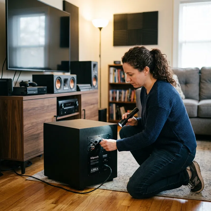 Woman Adjusting Subwoofer for Perfect Sound Experience Woman Adjusting Subwoofer for Perfect Sound Experience