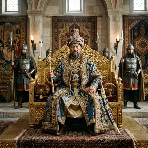 15th Century Uzbek Khanate Ruler on Majestic Golden Throne