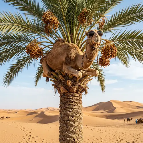 Trendy Sunglasses Wearing Camel on Date Palm | Desert Scene