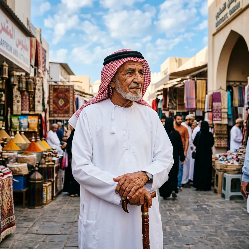 Elderly Arab Man in Traditional Clothing at Middle Eastern Market