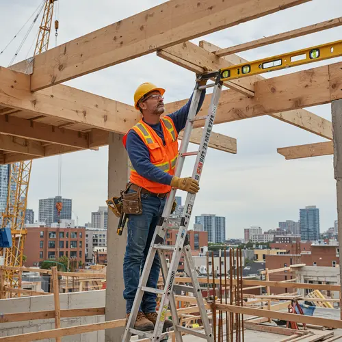 Contractor on Ladder at Worksite - Construction Action