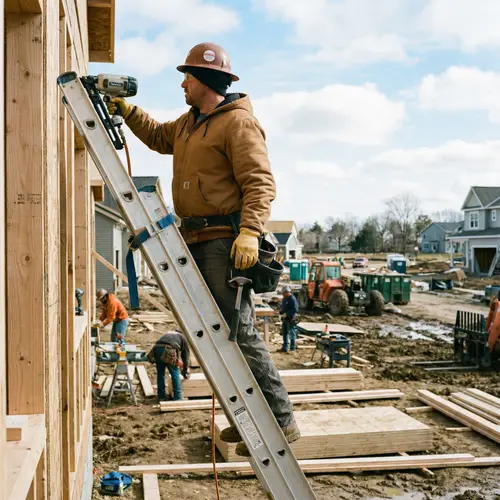 Contractor on Ladder at Worksite - Construction Action