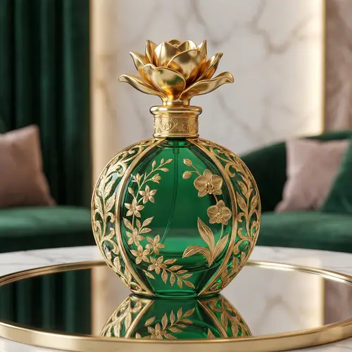 Elegant Green & Gold Perfume Bottle Design